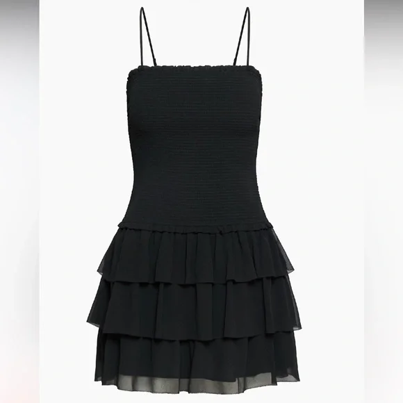 Aritzia Wilfred Arts Black Smocked Square Neck Spaghetti Strap Mini Dress Tiered - Picture 2 of 8